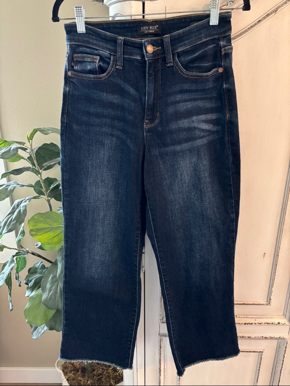 Judy Blue Wide Leg Crop Jeans Womens 3/26 Blue Denim Cotton Stretch Frayed Hem